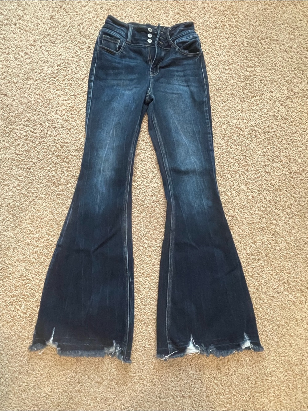 KanCan Dark Blue High-Rise Flare Jeans with Triple-Button Waist